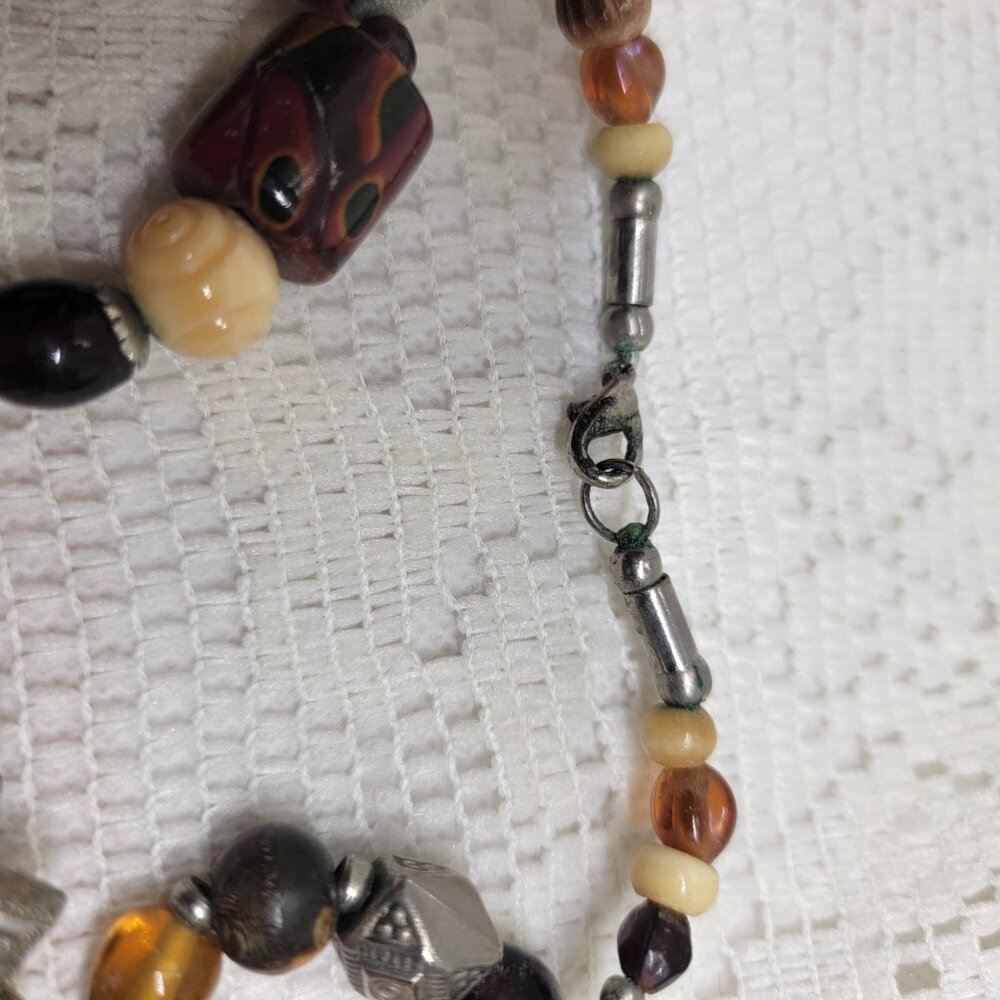 Vintage Multi‑Strand Beaded Necklace Stone Carved Pendant Wood Beads 17" - Picture 8 of 12